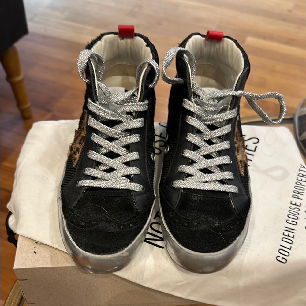 Golden Goose Black and Silver High-Tops with Leopard Detail - Lightly worn
